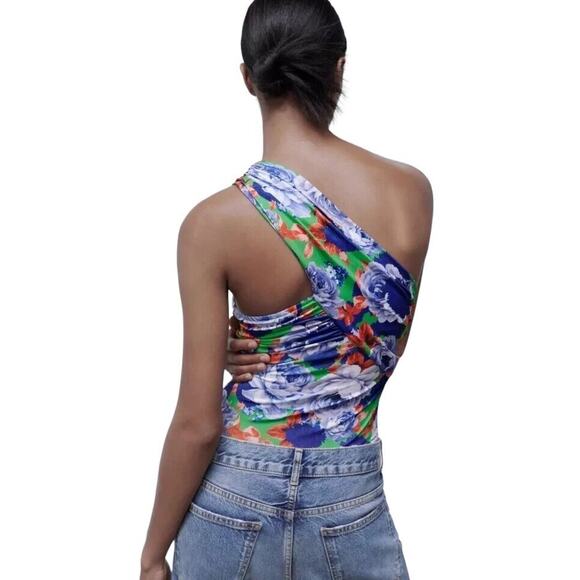 ZARA Bodysuit NWT Small Blue Green Red Floral Asymmetrical Bloggers Fav Summer - Picture 3 of 9